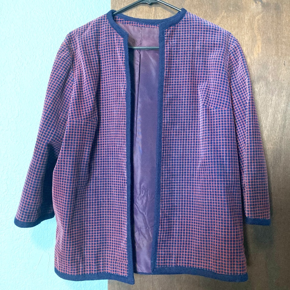 Handmade Vintage Corduroy Blazer Navy/Red Checkered 3/4 Sleeve